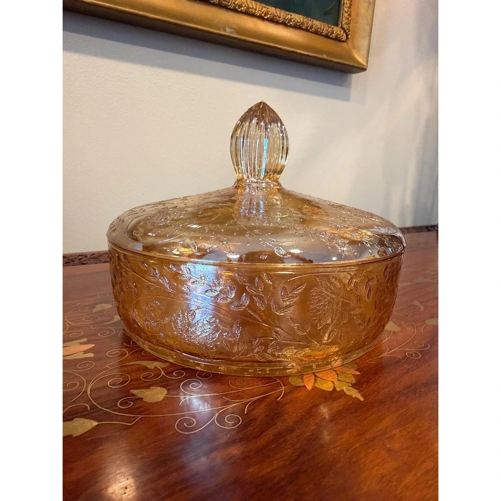 Vintage Jeannette Floragold Louisa Covered Dish, Marigold Carnival‎ Glass Bowl